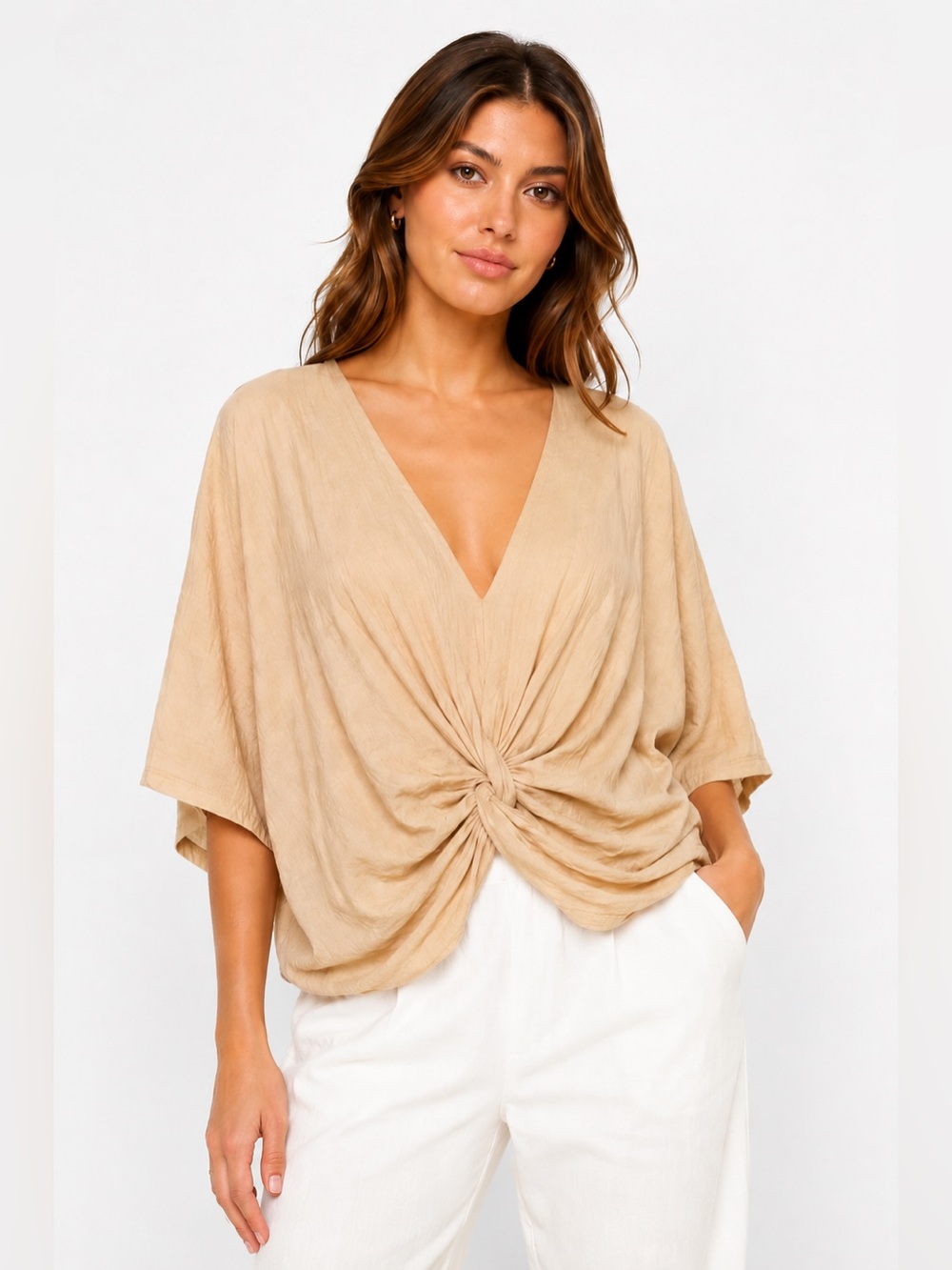 Milo Milano Made in Italy Twist Front Plunge Dolman Sleeve Blouse NWT minimalist